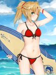  1girl bikini blonde_hair cowboy_shot fate/apocrypha fate/grand_order fate_(series) front-tie_top green_eyes highres long_hair looking_at_viewer mordred_(swimsuit_rider)_(fate) ponytail red_bikini saber_of_red side-tie_bikini solo standing surfboard swimsuit syun_(05250) water 