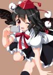  1girl ;d black_hair black_legwear black_skirt black_wings boots brown_boots camera feathered_wings hat leaning_forward looking_at_viewer one_eye_closed open_mouth pom_pom_(clothes) puffy_short_sleeves puffy_sleeves red_eyes ruu_(tksymkw) shameimaru_aya shirt short_hair short_sleeves simple_background skirt smile solo tokin_hat touhou white_shirt wings 