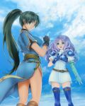 2girls black_gloves blue_boots blue_gloves boots breasts brown_boots earrings elbow_gloves eyebrows_visible_through_hair fingerless_gloves fire_emblem fire_emblem:_rekka_no_ken florina gloves green_eyes green_gloves green_hair highres jewelry knee_boots large_breasts long_hair looking_at_another looking_at_viewer lyndis_(fire_emblem) multiple_girls open_mouth ponytail purple_hair shiro_hougyoku smile thigh-highs thigh_boots