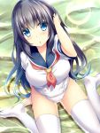  1girl black_hair blue_eyes blush breasts eyebrows_visible_through_hair highres large_breasts liya long_hair looking_at_viewer neckerchief original parted_lips red_neckerchief sailor school_swimsuit sitting solo swimsuit thigh-highs wariza wet white_legwear white_school_swimsuit white_swimsuit 