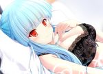  1girl bangs black_bra blue_hair blunt_bangs blush bra breasts cleavage collarbone eyebrows eyebrows_visible_through_hair lace lace-trimmed_bra large_breasts long_hair looking_at_viewer maritchi pillow red_eyes ring_dream smile solo underwear yuki_onna_(ring_dream) 