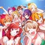  6+girls :d ;d \m/ arm_up ayase_eli bangs beach bikini black_hair blonde_hair blue_eyes blue_hair bow breasts brown_hair calling cleavage fang flower green_eyes grin group_picture hair_between_eyes hair_bow hair_down hair_flower hair_ornament hairpin half-closed_eyes hana_shiori hand_in_hair hand_to_own_mouth highres hoshizora_rin koizumi_hanayo kousaka_honoka lily_(flower) long_hair looking_at_viewer love_live! love_live!_school_idol_project minami_kotori multiple_girls nishikino_maki one_eye_closed one_side_up open_mouth orange_hair paw_pose purple_hair red_eyes redhead scrunchie short_hair smile sonoda_umi sparkle swimsuit toujou_nozomi twintails twitter_username white_bow wrist_scrunchie yazawa_nico 