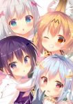  4girls animal_ears blue_bow blue_eyes blue_hair blush bow character_request copyright_request crescent crescent_hair_ornament eromanga_sensei eyebrows_visible_through_hair gochuumon_wa_usagi_desu_ka? hair_bow hair_ornament izumi_sagiri kemono_friends long_hair looking_at_viewer mitsumomo_mamu multiple_girls one_eye_closed orange_hair parted_lips pink_bow purple_hair rabbit_ears serval_(kemono_friends) serval_ears short_hair silver_hair smile tedeza_rize teeth twintails v violet_eyes 