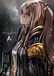  1girl absurdres armband bangs brown_eyes brown_hair from_side girls_frontline gun h&amp;k_ump haguruma_(hagurumali) hair_between_eyes heckler_&amp;_koch highres holding holding_gun holding_weapon jacket long_hair open_clothes open_jacket outdoors parted_lips profile rain scar scar_across_eye sidelocks solo submachine_gun twintails ump45_(girls_frontline) upper_body weapon wet wet_clothes 