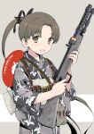  1girl :d aka_ringo ayanami_(kantai_collection) brown_eyes brown_hair commentary_request fan floral_print grey_background gun highres japanese_clothes kantai_collection kimono long_hair looking_at_viewer open_mouth paper_fan ponytail rifle smile solo submachine_gun type_100 uchiwa weapon yukata 