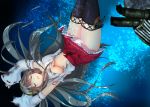  1girl arms_up black_hair boots breasts detached_sleeves eko hair_ornament hairclip haruna_(kantai_collection) headgear kantai_collection large_breasts long_hair machinery nontraditional_miko red_skirt sarashi sinking skirt solo thigh-highs thigh_boots torn_clothes under_boob underwater very_long_hair 