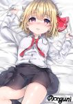  1girl blush hair_ribbon looking_at_viewer open_mouth red_eyes ribbon rumia shirt short_hair simple_background solo touhou white_background wowoguni 