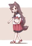  :d animal_ears blush_stickers brown_hair child clenched_hand commentary_request disembodied_head from_side full_body hair_ribbon holding_head imaizumi_kagerou looking_down looking_up no_socks open_mouth poronegi red_eyes red_skirt ribbon sandals sekibanki shadow shirt skirt smile tail touhou walking white_shirt wolf_ears wolf_tail 