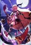  1girl barefoot blonde_hair clouds cuffs full_moon highres horns kama_(weapon) long_hair looking_at_viewer moon namacotan navel night pixiv_fantasia pixiv_fantasia_revenge_of_the_darkness red_eyes shackles sickle solo thigh_strap 