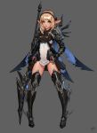  1girl absurdres aqua_eyes armor armored_boots black_background black_ribbon blonde_hair boots commentary dae_jun_park full_body gauntlets hair_ribbon hand_on_hip highres holding holding_spear holding_weapon knight legs_apart long_hair long_pointy_ears original parted_lips pauldrons pointy_ears polearm ribbon simple_background solo spear standing weapon 