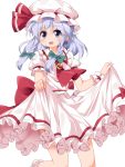  1girl :d ascot blue_eyes bow braid brooch cosplay frilled_skirt frills hair_bow hat hat_ribbon izayoi_sakuya jewelry long_hair looking_at_viewer mob_cap open_mouth puffy_short_sleeves puffy_sleeves remilia_scarlet remilia_scarlet_(cosplay) ribbon ruu_(tksymkw) short_sleeves silver_hair simple_background skirt skirt_hold skirt_set smile solo touhou twin_braids white_background white_skirt wrist_cuffs 
