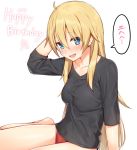  1girl 2017 arm_up bare_legs barefoot blonde_hair blue_eyes blush breasts dated folded_leg hair_between_eyes happy_birthday impossible_clothes impossible_shirt long_hair looking_at_viewer medium_breasts mikazuchi_zeus new_game! no_pants panties red_panties shirt simple_background solo speech_bubble taut_clothes taut_shirt underwear white_background yagami_kou 