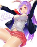  1girl animal_ears arietto blush breasts cookie_(touhou) eyebrows_visible_through_hair highres hisui_(cookie) large_breasts long_hair long_sleeves looking_at_viewer navel necktie open_mouth purple_hair rabbit_ears red_necktie red_skirt reisen_udongein_inaba skirt solo teeth touhou violet_eyes 