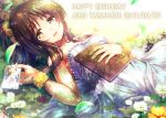  1girl blush book brown_eyes brown_hair character_name dated dress field flower flower_field hair_ornament happy_birthday idolmaster idolmaster_cinderella_girls long_hair lying ment on_back photo_(object) smile solo strapless takamori_aiko white_dress 