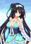  1girl bare_shoulders black_hair blue_dress blue_eyes blue_sky blush breasts cleavage dress erect_nipples finger_to_mouth flower hairband highres large_breasts long_hair looking_at_viewer magatama outdoors playjoe2005 rinne_(sennen_sensou_aigis) sennen_sensou_aigis side_bun sky smile solo standing 