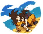  1boy 1girl black_hair boots chi-chi_(dragon_ball) chinese_clothes closed_eyes clouds couple dougi dragon_ball heart hug long_hair looking_at_another nervous nervous_smile open_mouth ponytail short_hair simple_background sky son_gokuu spiky_hair sweatdrop tkgsize white_background wristband 