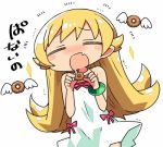  1girl =_= blonde_hair blush blush_stickers bracelet closed_eyes doughnut dress fang food jewelry kanikama long_hair lowres monogatari_(series) open_mouth oshino_shinobu saliva simple_background solo white_background white_dress 