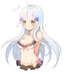  1girl ahoge bare_shoulders bikini blush breasts character_name cleavage eyebrows_visible_through_hair girls_frontline green_eyes hk416_(girls_frontline) long_hair medium_breasts navel parted_lips silver_hair solo swimsuit tp_(kido_94) upper_body 