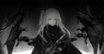  1girl absurdres ar-15 assault_rifle bangs capelet character_request closed_mouth girls_frontline glowing glowing_eyes greyscale gun highres holding holding_gun holding_weapon long_hair looking_at_viewer machine monochrome one_side_up rifle scarf scope sidelocks solo spot_color trigger_discipline upper_body weapon wu_lun_wujin yellow_eyes 