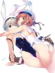  2girls anchor animal_ears ass black_ribbon blue_eyes blue_leotard bow breasts brown_eyes brown_hair bunny_tail bunnysuit commentary_request detached_collar hat hat_bow kantai_collection leotard min-naraken multiple_girls navel one_eye_closed open_mouth panties rabbit_ears ribbon sailor_collar sailor_hat sidelocks simple_background small_breasts strapless strapless_leotard striped striped_panties swimsuit tail underwear white_background white_hat white_leotard z1_leberecht_maass_(kantai_collection) z3_max_schultz_(kantai_collection) 