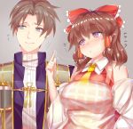  1boy 1girl apron ashu blue_eyes bow breasts brown_hair closed_mouth cookie_(touhou) eyebrows_visible_through_hair hair_bow hair_tubes hakurei_reimu heshikiri_hasebe large_breasts looking_at_another looking_away mole mole_under_mouth parted_lips red_bow rurima_(cookie) saliva touhou touken_ranbu translation_request triangle_mouth violet_eyes 