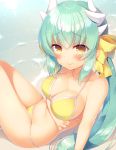  1girl aqua_hair arm_support beach bikini blush bow breasts cleavage collarbone fate/grand_order fate_(series) hair_bow hair_ribbon horns kiyohime_(fate/grand_order) large_breasts long_hair looking_at_viewer ribbon sazaki_ichiri sitting smile solo swimsuit water yellow_bikini yellow_eyes yellow_ribbon 