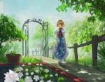  1girl alice_margatroid blonde_hair blue_eyes blush boots brown_boots closed_mouth eyebrows_visible_through_hair fjsmu garden hairband highres looking_at_viewer short_hair smile solo touhou white_legwear 