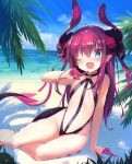  1girl armadillon asymmetrical_horns bangs bare_shoulders black_ribbon blue_eyes day fang fate/extra fate/extra_ccc fate_(series) hair_ribbon heart highres horns lancer_(fate/extra_ccc) long_hair looking_at_viewer ocean one_eye_closed outdoors pointy_ears purple_hair ribbon sand sitting smile solo summer tail very_long_hair water yokozuwari 