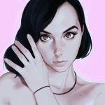  1girl adjusting_hair black_hair bracelet brown_eyes freckles ilya_kuvshinov jewelry long_hair looking_at_viewer necklace pink_background real_life simple_background solo topless upper_body 