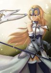  1girl absurdres armor black_legwear blonde_hair blue_eyes breasts eyebrows_visible_through_hair fate/apocrypha fate/grand_order fate_(series) flag headpiece highres holding_flag large_breasts long_hair looking_away mira-sumter ruler_(fate/apocrypha) solo thigh-highs 