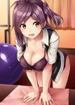  1girl ahoge ball bra breasts brown_eyes cleavage curtains exercise_ball hagikaze_(kantai_collection) highres indoors jewelry kamelie kantai_collection large_breasts leaning_forward long_hair panties purple_bra purple_hair purple_panties ring side_ponytail smile solo sweat underwear wedding_band 