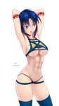  1girl abs absurdres arms_behind_head artist_name bikini blue_eyes blue_hair blue_legwear breasts ciel cleavage cowboy_shot groin highres large_breasts navel oceanbellereine open_mouth roman_numerals short_hair solo swimsuit tattoo thigh-highs thighs transparent_background tsukihime 