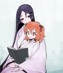  2girls :d blush book breasts commentary_request fate/grand_order fate_(series) fujimaru_ritsuka_(female) hair_between_eyes hair_ribbon holding holding_book japanese_clothes kimono leaning_on_person long_hair long_sleeves minamoto_no_raikou_(fate/grand_order) multiple_girls one_side_up open_mouth orange_eyes orange_hair purple_hair reading ribbon simple_background smile violet_eyes wide_sleeves yorunokonbini 