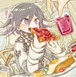  ! 1boy bowl bread chair checkered cup dangan_ronpa drink eating egg food fried_egg hair_between_eyes holding ice_cube jam jar kerchief new_dangan_ronpa_v3 open_mouth ouma_kokichi plate pudding purple_hair sitting soda table toast tomato vegetable violet_eyes 
