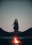  1girl absurdres bangs black_legwear blurry campfire closed_mouth controller depth_of_field embers floating_hair girls_frontline glowing glowing_eye grey_hair hair_over_one_eye hand_up headgear highres holding long_hair long_sleeves looking_at_viewer m4_sopmod_ii_(girls_frontline) mienthoa military military_uniform multicolored_hair outdoors pantyhose purple_hair remote_control solo standing streaked_hair uniform violet_eyes 