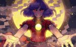  1girl looking_at_viewer meitei mirror outstretched_arms purple_hair red_eyes rope shimenawa short_hair smile solo touhou yasaka_kanako 