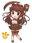  1girl :d alternate_costume animal_ears bear_ears bow bowtie brown_bear_(kemono_friends) brown_bear_(kemono_friends)_(cosplay) brown_eyes brown_hair chibi commentary_request cosplay fang holding kantai_collection kemono_friends kemonomimi_mode kuma_(kantai_collection) long_hair looking_at_viewer mary_janes open_mouth shoes simple_background smile solo staff thigh-highs white_background yukina_(black0312) zettai_ryouiki 