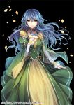  1girl blue_hair copyright_name dress green_dress green_eyes hand_on_own_chest interitio looking_at_viewer official_art petals sid_story smile solo 