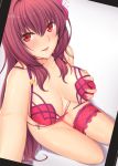  1girl blush breasts brown_hair collarbone eyebrows_visible_through_hair fate_(series) flower hair_flower hair_ornament highres large_breasts long_hair looking_at_viewer nail_polish parted_lips red_eyes scathach_(fate/grand_order) scathach_(swimsuit_assassin)_(fate) self_shot shukurimu smile solo 