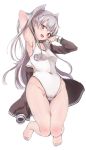  1girl :d alternate_costume amatsukaze_(kantai_collection) arm_behind_head arm_up armpits blush breasts brown_eyes commentary_request full_body gluteal_fold grey_hair jumping kantai_collection long_hair looking_at_viewer one-piece_swimsuit open_mouth simple_background small_breasts smile solo swimsuit thigh_gap two_side_up white_background white_swimsuit yukiguni_yuu 