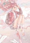  1girl artist_name full_body hand_in_pocket hand_up jacket jewelry long_hair looking_to_the_side necklace original paper_airplane peyo_han pink_eyes pink_hair pink_ribbon pink_shoes ribbon shoes skirt socks white_legwear white_skirt wind 