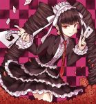  1girl asle bell_earrings black_hair black_nails blush card celestia_ludenberck closed_mouth dangan_ronpa dangan_ronpa_1 drill_hair earrings eyebrows_visible_through_hair flower holding holding_card jewelry long_hair looking_at_viewer nail_polish necktie playing_card red_eyes red_necktie red_rose rose smile solo twin_drills 
