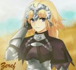  1girl armor artist_name blonde_hair blue_eyes braid breasts eyebrows_visible_through_hair fate/apocrypha fate/grand_order fate_(series) headpiece large_breasts long_hair looking_at_viewer parted_lips ruler_(fate/apocrypha) signature smile solo zeref_(mavis_vermilion_3720) 