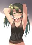  1girl adjusting_hair alternate_costume arms_behind_head blush casual collarbone commentary_request covered_mouth gradient gradient_background green_eyes green_hair groin hair_ribbon highres kantai_collection long_hair looking_at_viewer no_panties ohiya ribbon simple_background singlet solo zuikaku_(kantai_collection) 