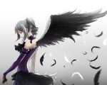  1girl asymmetrical_wings bare_shoulders black_wings detached_collar dress drill_hair elbow_gloves feathered_wings feathers gem gloves gown gradient gradient_background grey_background idolmaster idolmaster_cinderella_girls kanzaki_ranko lipstick long_sleeves looking_down makeup profile purple_dress purple_lipstick red_eyes silver_hair smile solo sugi_214 twin_drills twintails upper_body white_background wings 