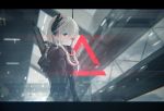  1girl absurdres assault_rifle bangs blurry closed_mouth depth_of_field eyebrows_visible_through_hair from_side girls_frontline grey_hair gun hair_between_eyes headgear highres hood hooded_jacket jacket lens_flare letterboxed light_smile long_hair looking_at_viewer m4_carbine m4_sopmod_ii_(girls_frontline) mienthoa multicolored_hair purple_hair rifle solo streaked_hair upper_body violet_eyes weapon 
