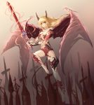  1girl absurdres barefoot blonde_hair bracer breasts cleavage demon demon_horns demon_wings female full_body gradient gradient_background highres horns leg_lift long_hair looking_at_viewer midriff navel red_eyes red_sword red_wings solo sword weapon wings yagyun 