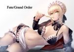  1girl absurdres apron artoria_pendragon_(all) bare_shoulders bikini blonde_hair braid eating fate/grand_order fate_(series) food hair_ribbon highres jacket lying maid_headdress on_side popsicle ribbon saber_alter solo sowel_(sk3) swimsuit thigh-highs thigh_strap white_background yellow_eyes 