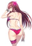 1girl ass backboob bikini bracelet breasts butt_crack fate/grand_order fate_(series) flower from_behind hair_flower hair_ornament harimoji hibiscus jewelry large_breasts long_hair looking_at_viewer looking_back purple_bikini purple_hair red_eyes scathach_(fate/grand_order) scathach_(swimsuit_assassin)_(fate) simple_background solo swimsuit thigh_strap white_background 