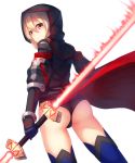  1girl arm_guards artoria_pendragon_(all) ass bangs black_panties blonde_hair blue_legwear closed_mouth double-blade energy_sword fate/grand_order fate_(series) from_behind hair_between_eyes holding holding_sword holding_weapon hood hood_up hooded_coat lightsaber looking_at_viewer looking_back munuu mysterious_heroine_x_(alter) panties red_eyes shaded_face simple_background solo star_wars sword thigh-highs thighs underwear weapon wedgie white_background 